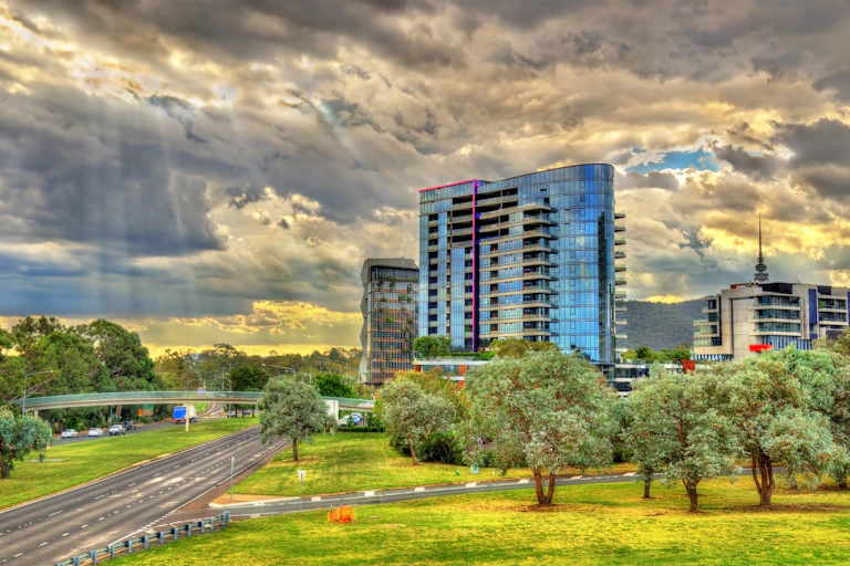 canberra office buildings and trees.