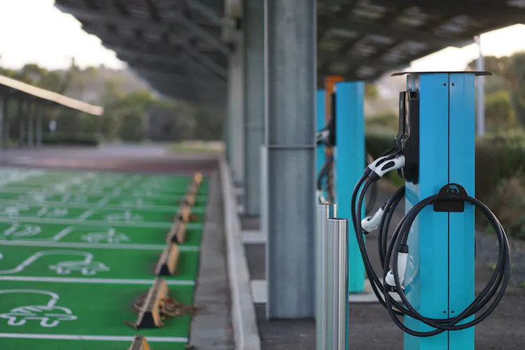 EV chargers in a row.