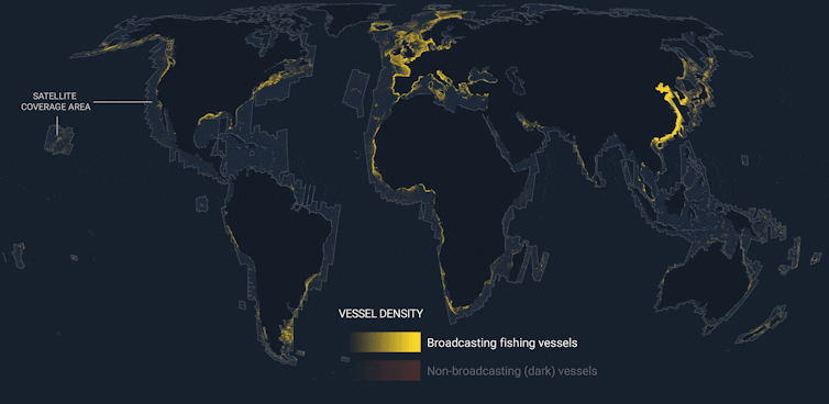 Carte du monde sur fond noir représentant les bateaux transmettant leur position GPS et ceux qui ne l’émettent pas