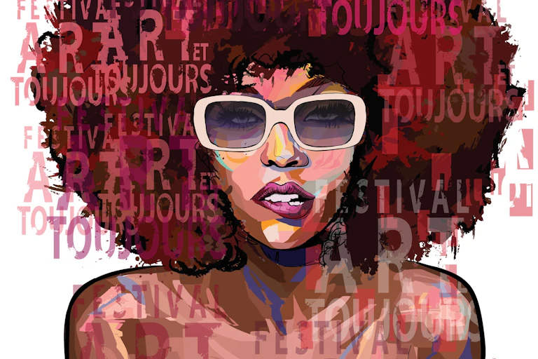 An illustration of a young woman with an Afro biting her lip and wearing sunglasses, words etched across the image.