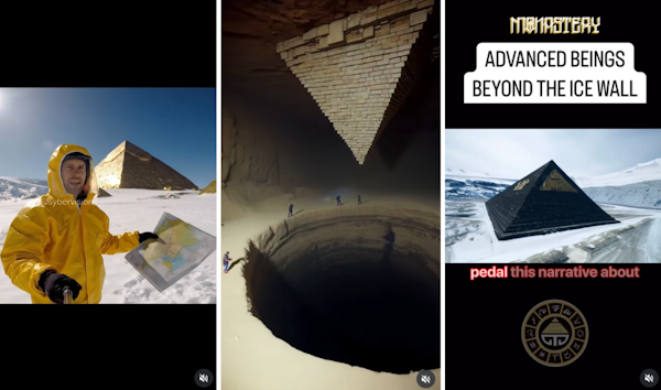 Os vídeos de pirâmides secretas criados por IA simulam descobertas que a ‘arqueologia oficial’ teria escondido da humanidade. Reprodução