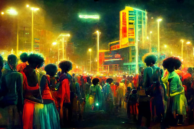 Illustration of crowds of Africans gathered in the street with a neon, futurist city in the background.