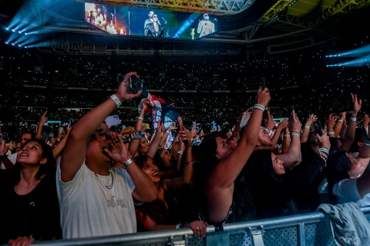 Fans cheer and wave at concert as video of artists plays on giant screens above