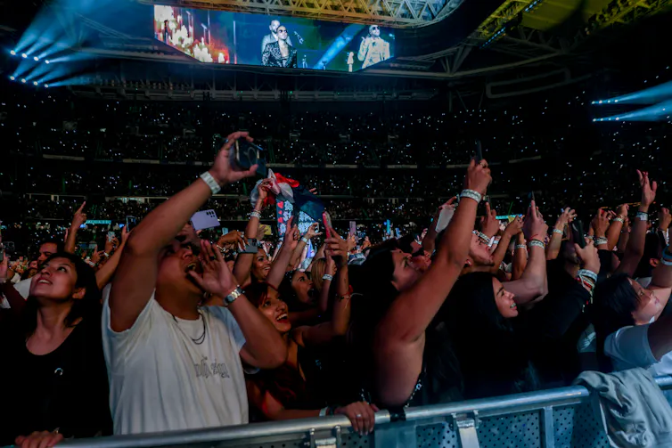 Fans cheer and wave at concert as video of artists plays on giant screens above