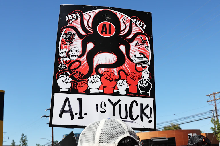 a protest sign depicting an octopus labelled AI