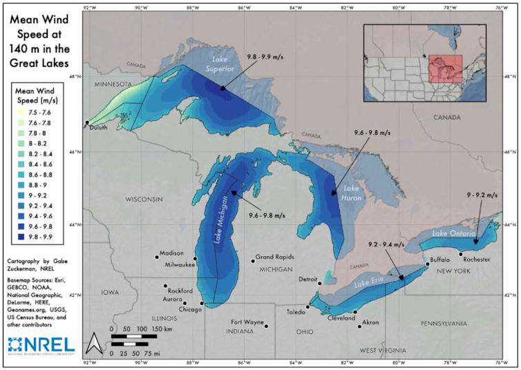 A map shows relatively high wind speeds across much of the Great Lakes.