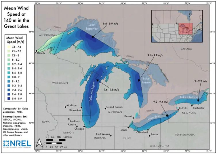 A map shows relatively high wind speeds across much of the Great Lakes.