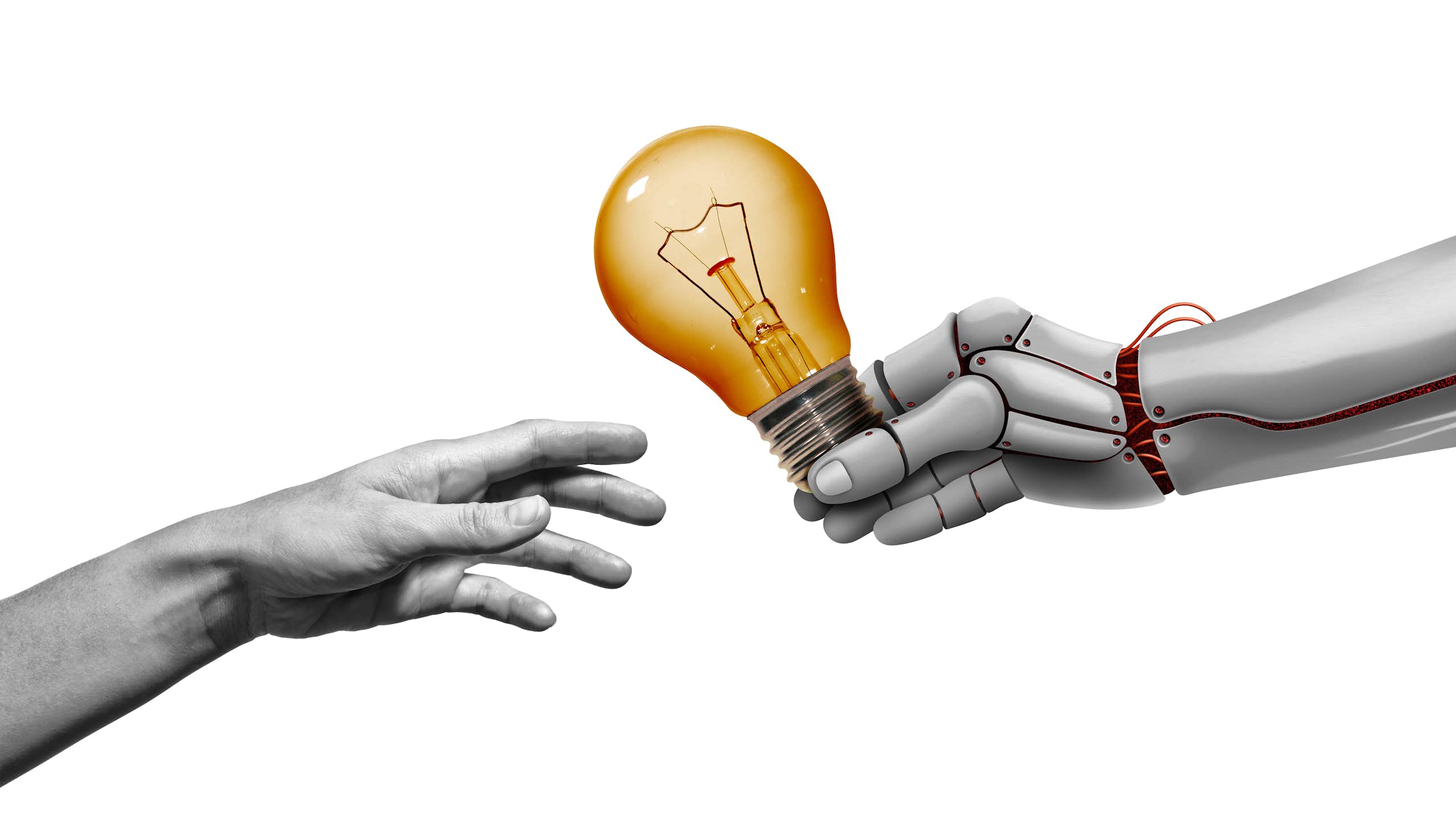 An illustration shows a robotic hand extending a light bulb to a human.