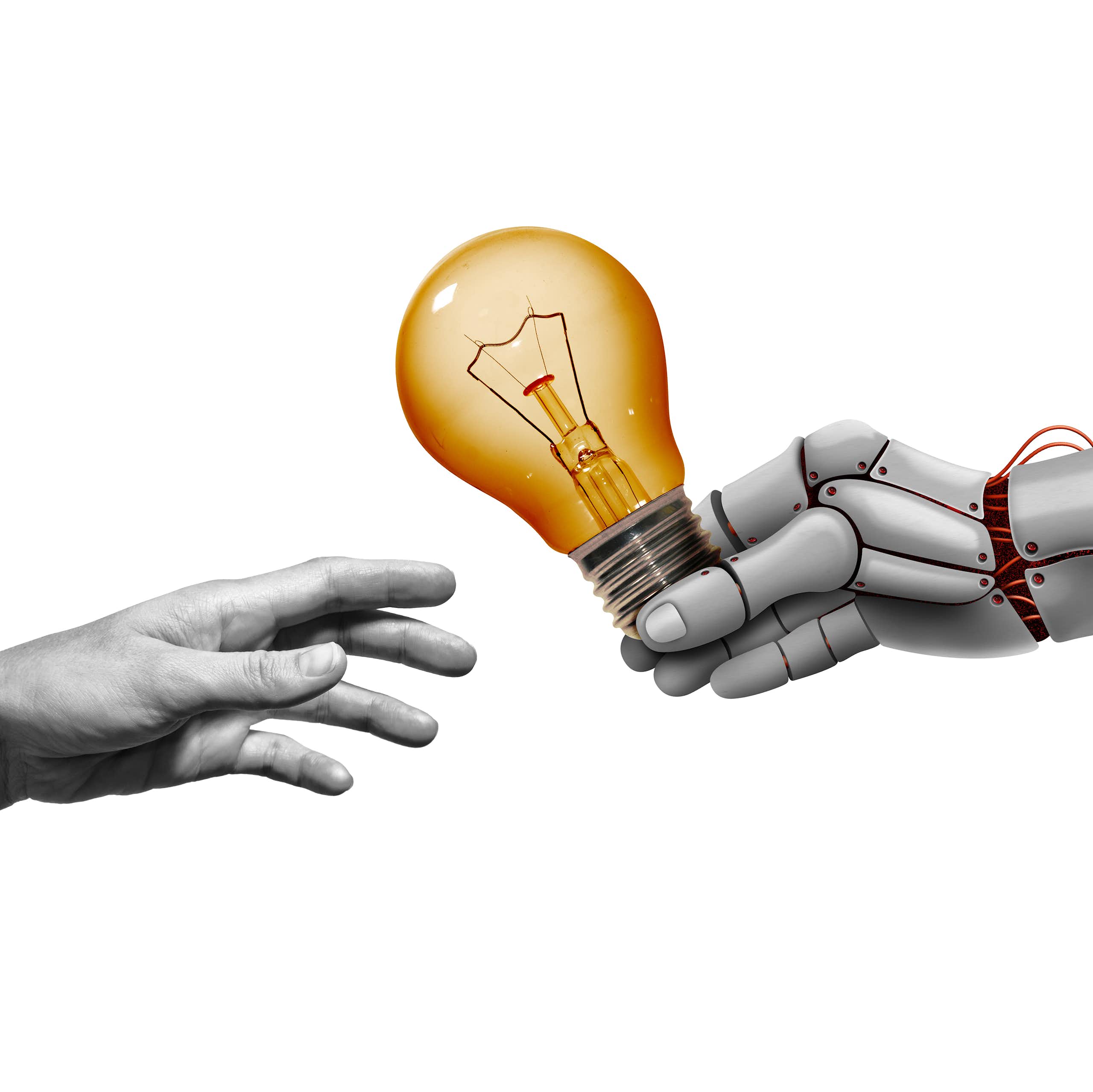 An illustration shows a robotic hand extending a light bulb to a human.