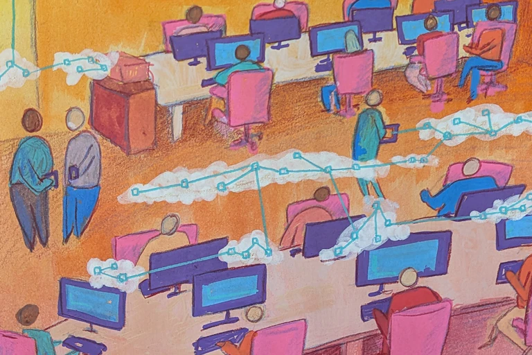 A brightly coloured office populated with all kinds of people working at connected desks. There are computer screens and networks in the air in clouds. The image shows the connectivity of a digitally transformed workplace. It was drawn and painted using guache and pencil.
