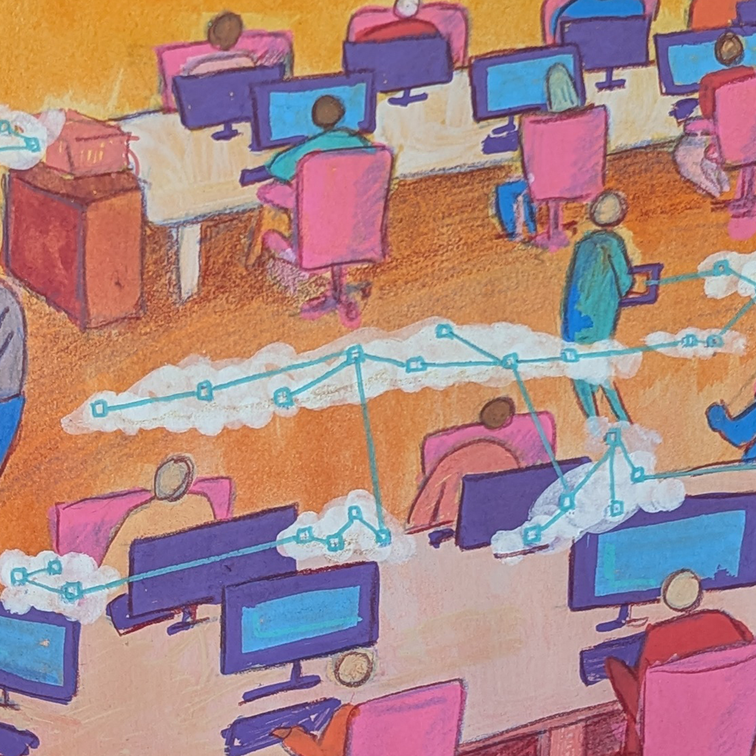 A brightly coloured office populated with all kinds of people working at connected desks. There are computer screens and networks in the air in clouds. The image shows the connectivity of a digitally transformed workplace. It was drawn and painted using guache and pencil.