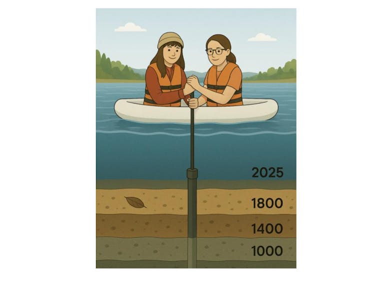 A drawing of two women in a raft with a tube going down through the years below