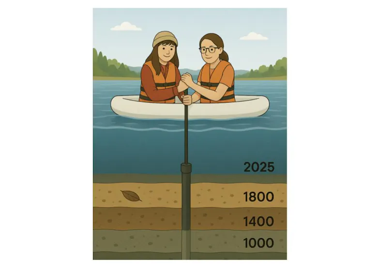 A drawing of two women in a raft with a tube going down through the years below