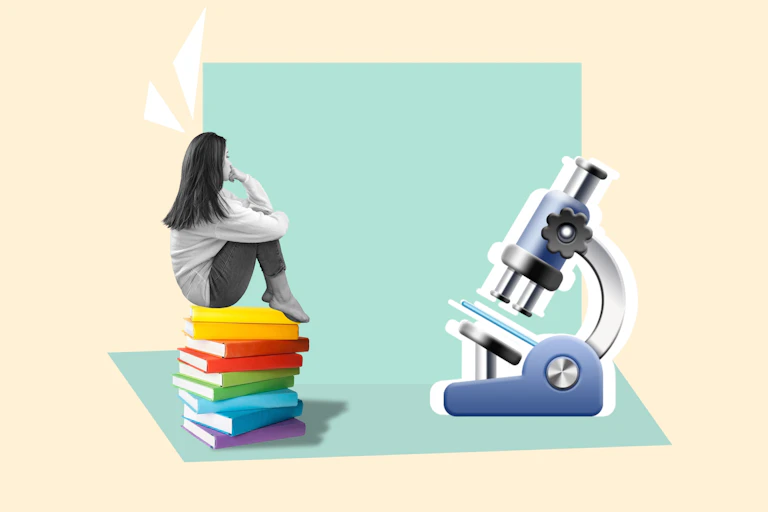 Picture collage of person sitting on book and microscope