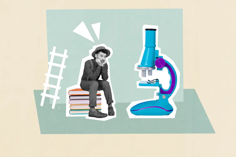 Collage of pensive man sitting on a pile of books next to a microscope.