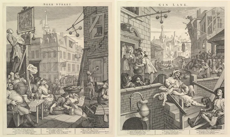 Engravings of poor people drinking beer and gin.