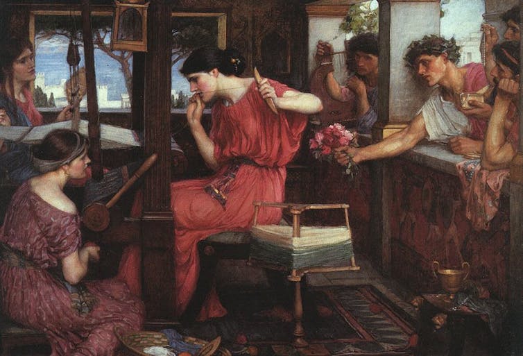 Painting of Penelope weaving and ignoring suitors
