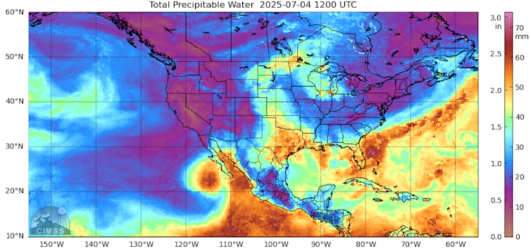 A satellite image shows curl of intense water vapor from the tropics into Texas.