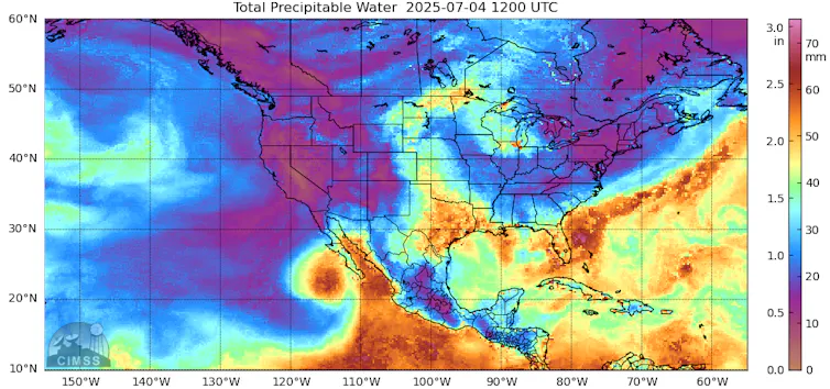 A satellite image shows curl of intense water vapor from the tropics into Texas.