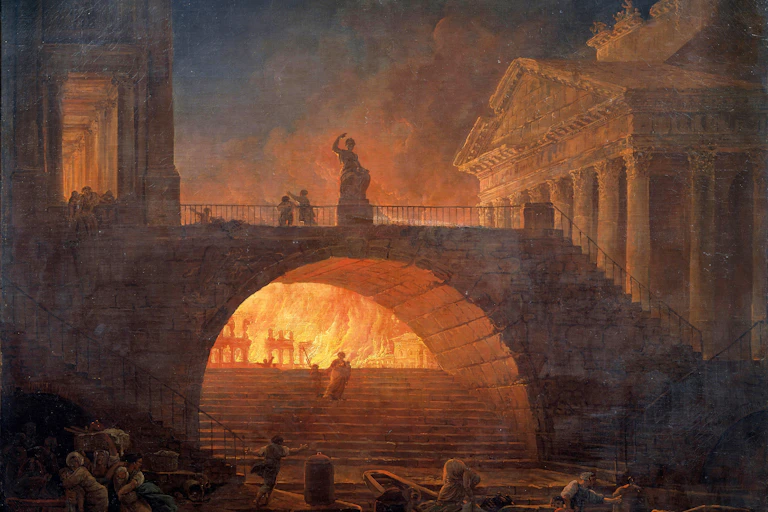Pintura que muestra un puente y un templo romano con personas y llamas al fondo