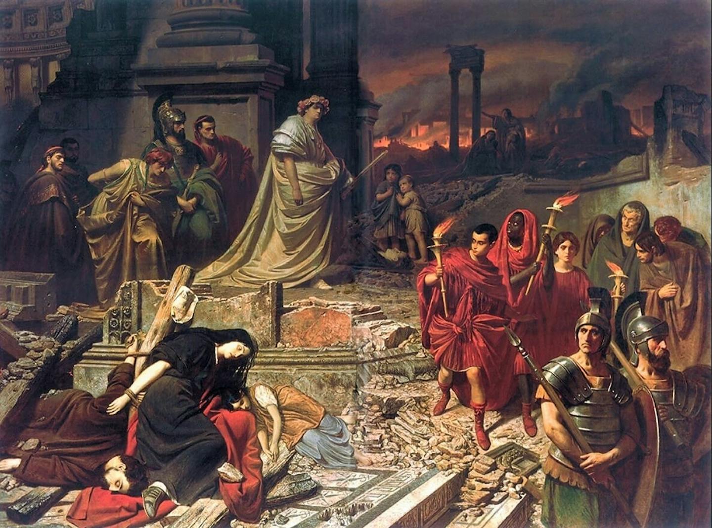 Pintura que muestra a un hombre con túnica y corona de flores y soldados y otras personas con túnicas rojas en primer plano y llamas al fondo