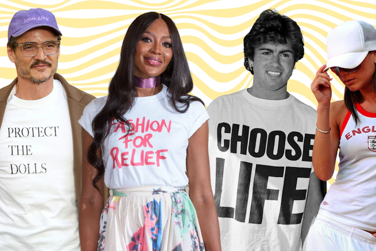 De gauche à droite, Pedro Pascal, Naomi Campbell, George Michael and Victoria Beckham arborsent des t-shirts à slogan.