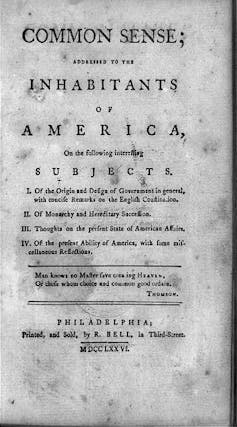 An antique publication from 1776 with the title 'COMMON SENSE.'