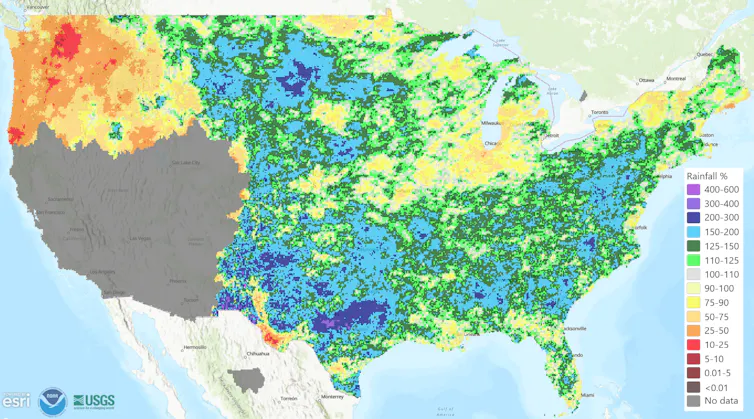 Map shows a very wet central and eastern U.S., particularly over Texas, but just about everywhere east of the Rockies was quite a bit above normal
