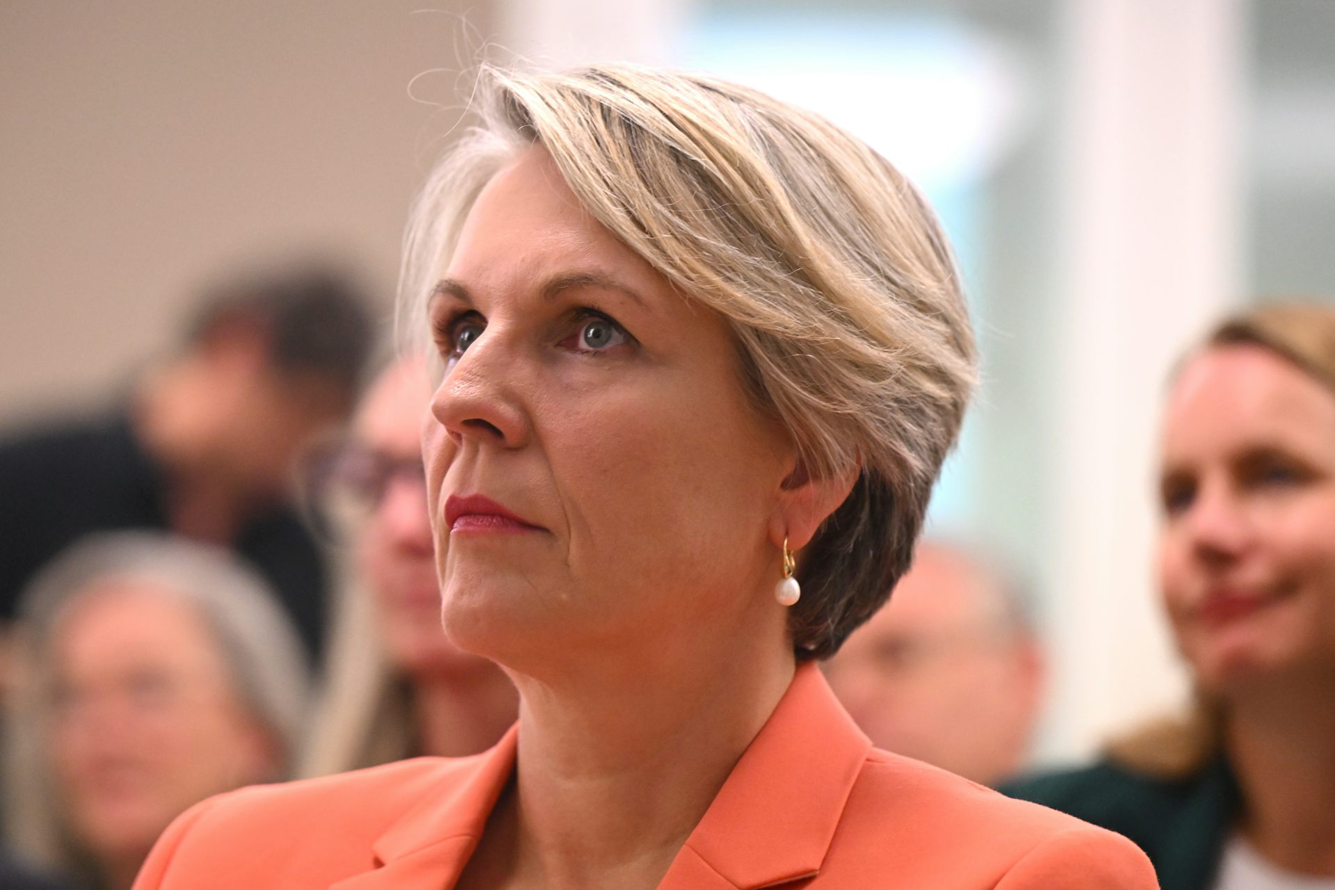 A seated Tanya Plibersek wearing an orange suit jacket.