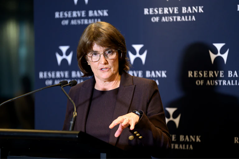 Reserve Bank of Australia (RBA) Governor Michele Bullock speaks to media during an interest rates annoucement, in Sydney, Tuesday, July 8, 2025