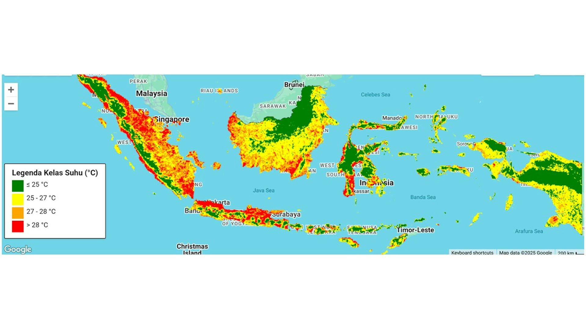 Peta sebaran cuaca panas ekstrem di Indonesia