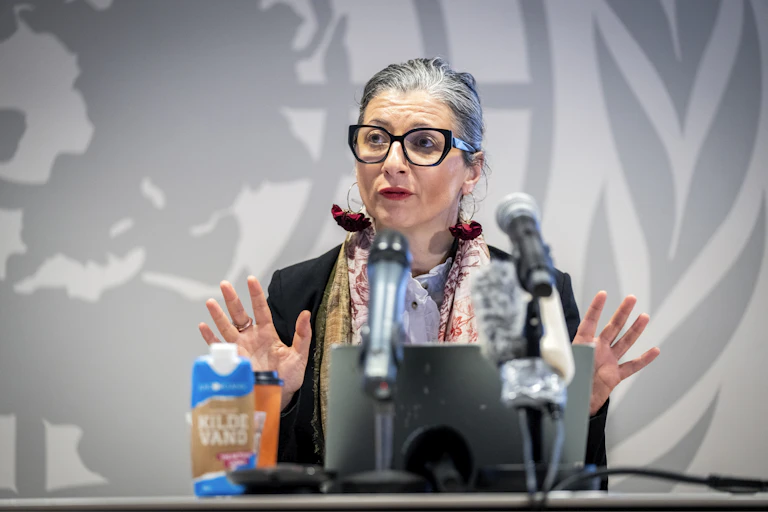 UN special rapporteur Francesca Albanese talks to journalists about the conflict in Gaza, February 2025.