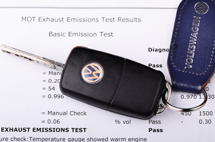 MOT documentation showing volkswagen emission details