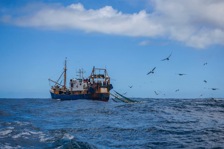 Un bateau de pêche sur l'océan ayant jeté ses filets, suivi par des oiseaux marins.