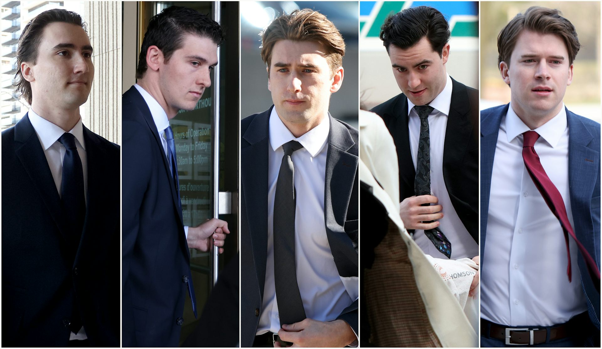 Photos of five young white men in suits are spliced together in a grid