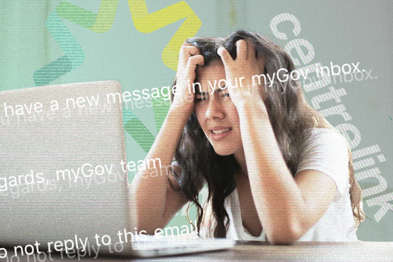Composite image of woman with her head in her hands, looking at a laptop, superimposed with text from government emails
