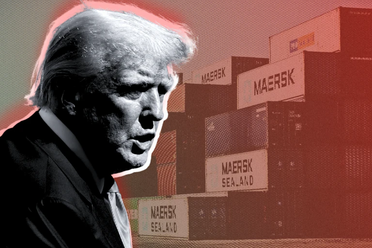 Composite image of Donald Trump in front of a red-tinted background showing shipping containers