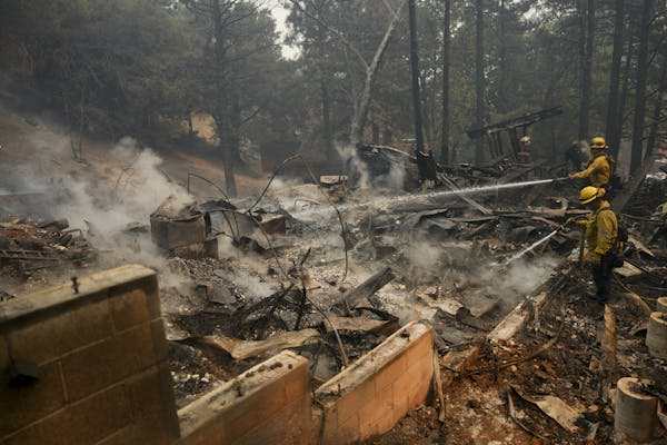 Two firefighters spray water on the smoking remains of a building surrunuded by burned trees.