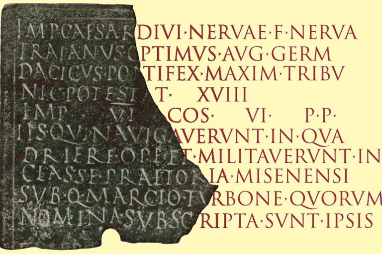 A piece of metal containing Latin text, with text completed next to it.