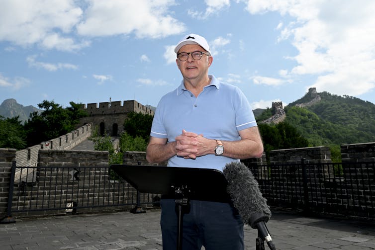 Prime Minister Anthony Albanese speaks while visiting the Great Wall of China