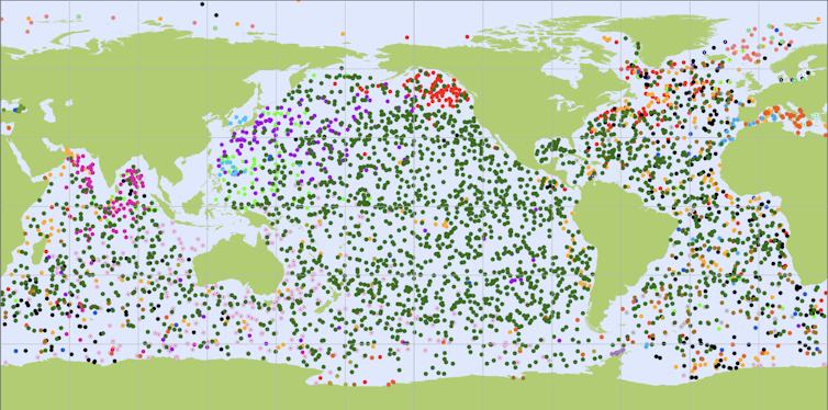 Map of ocean ARGO floats in the seas