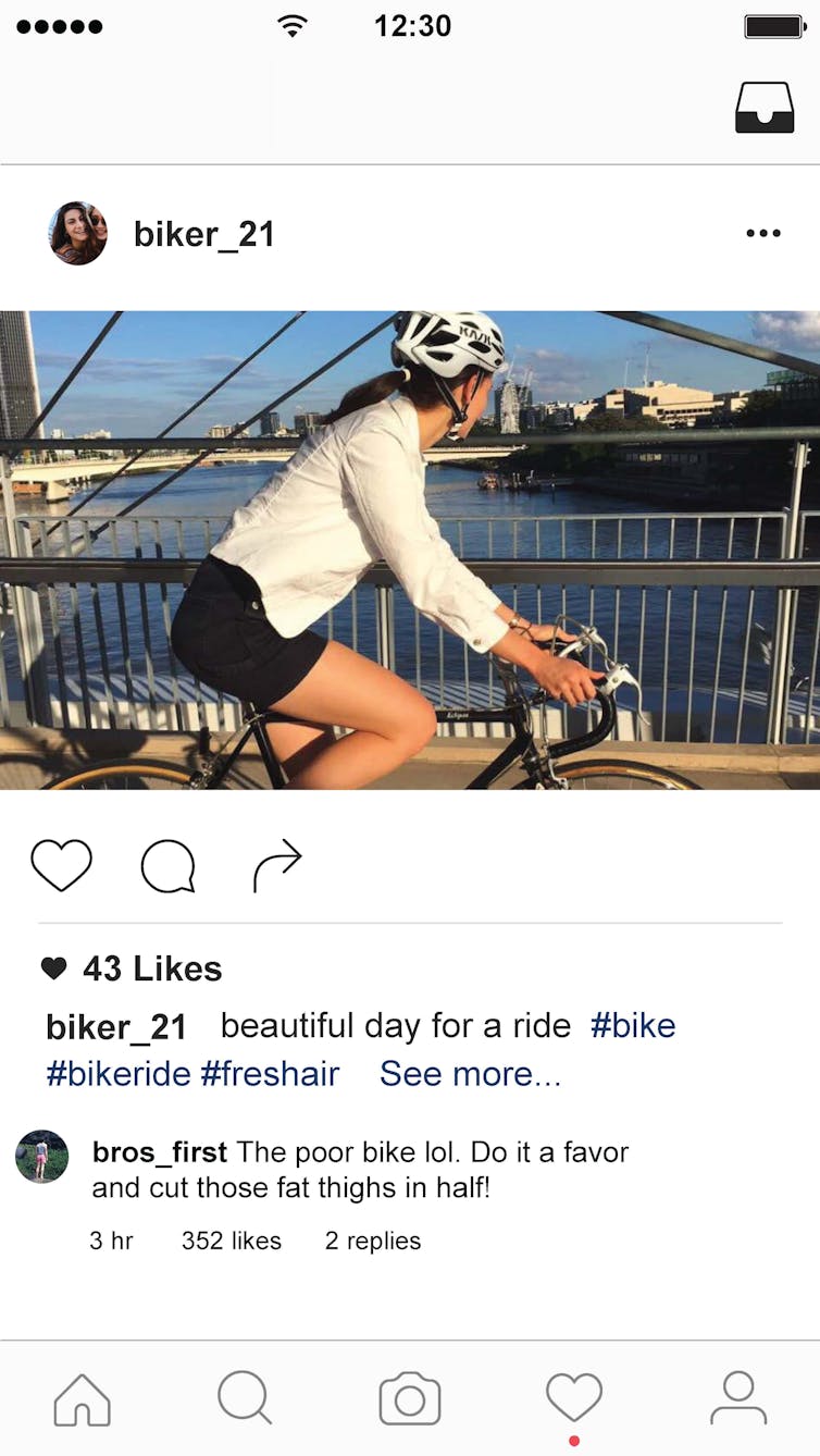 A mock up social media post with a picture of a woman riding a bike, with comments underneath.