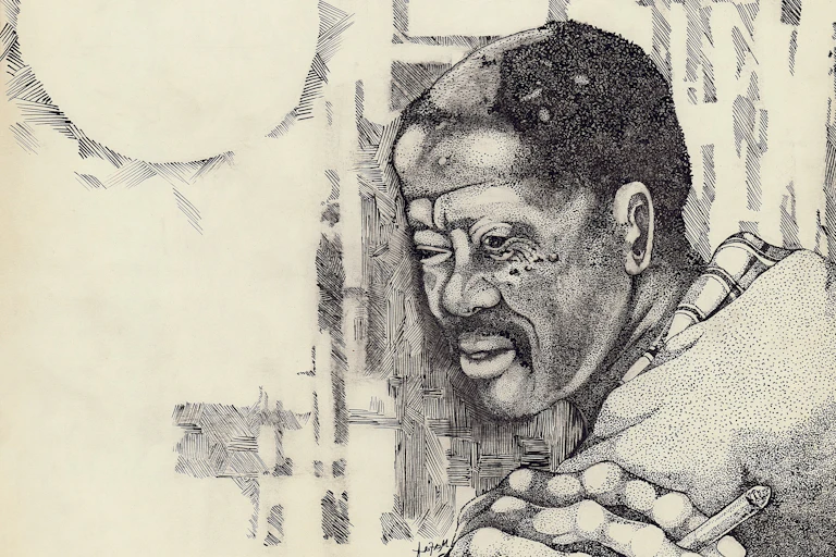 A portrait of a weary-looking African man holding a cigarette, pensive.