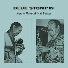 An album cover in blue featuring photos of two men, one holding a saxophone and the other playing one.