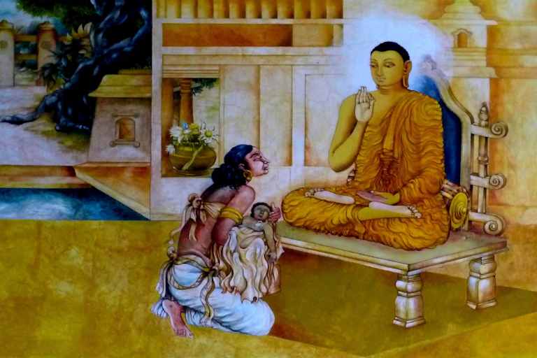 A painting depicting the Buddha seated in a meditation pose with a woman holding a dead child kneeling before him.