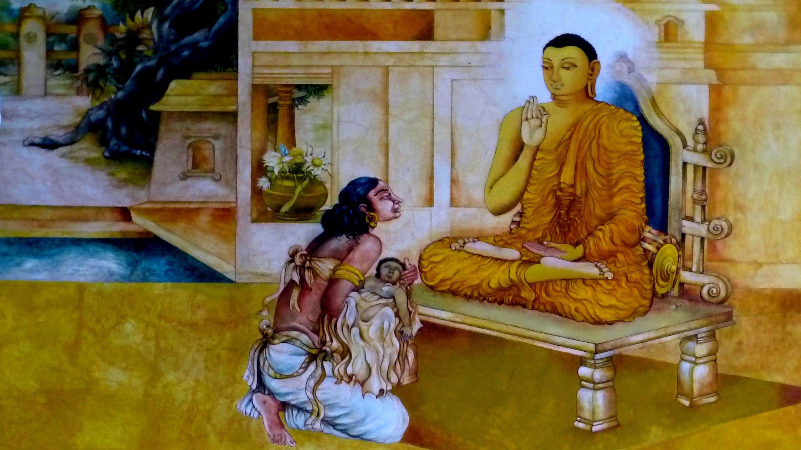 A painting depicting the Buddha seated in a meditation pose with a woman holding a dead child kneeling before him.