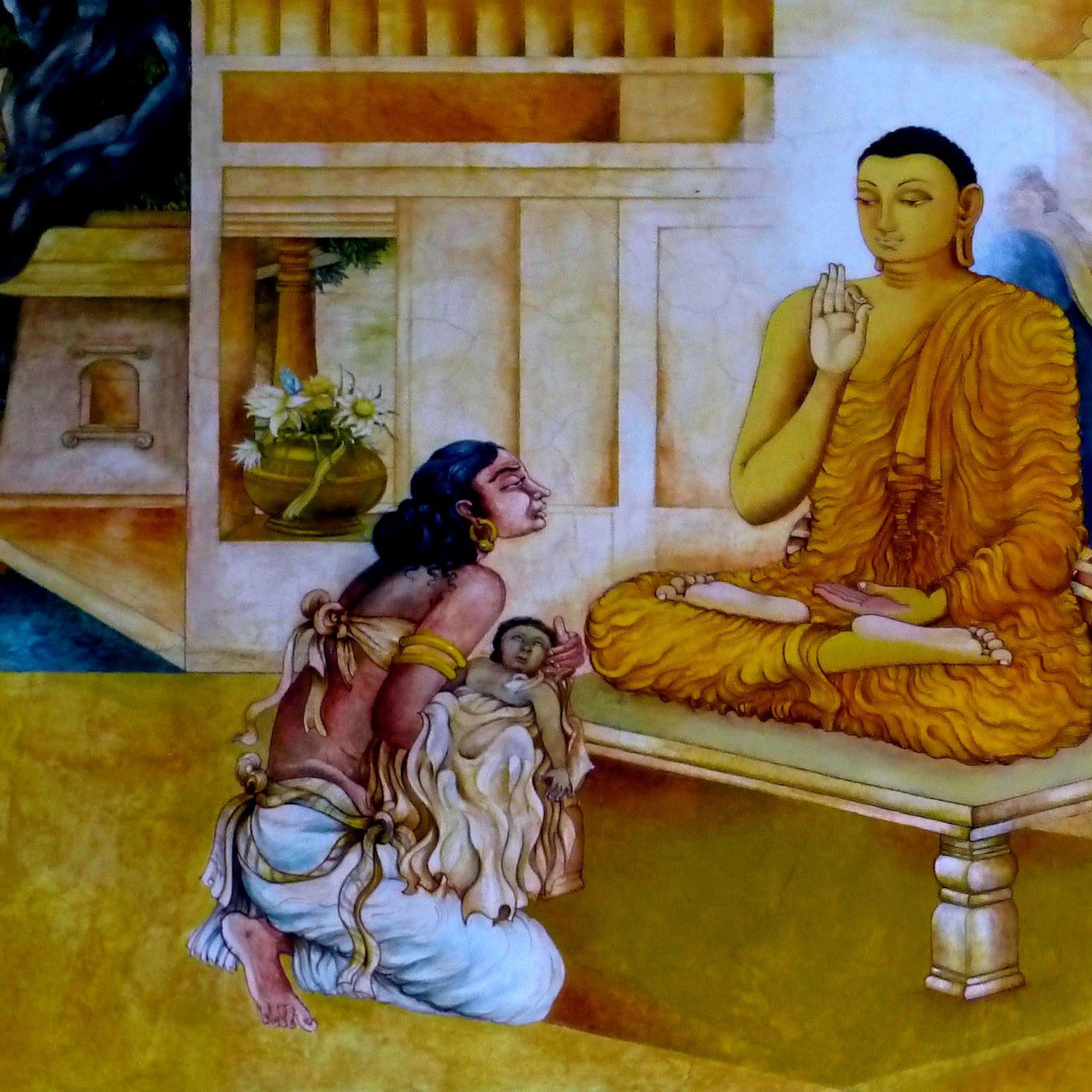 A painting depicting the Buddha seated in a meditation pose with a woman holding a dead child kneeling before him.