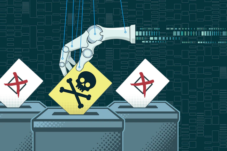 An illustration of a robot arm casting a ballot paper with a poison sign on it.