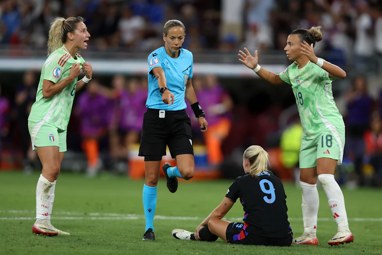 Severini, Caruso of Italy protest against referee Ivana Martincic for the penalty in UEFA Women's EURO Switzerland 2025 semi-final match between England and Italy.