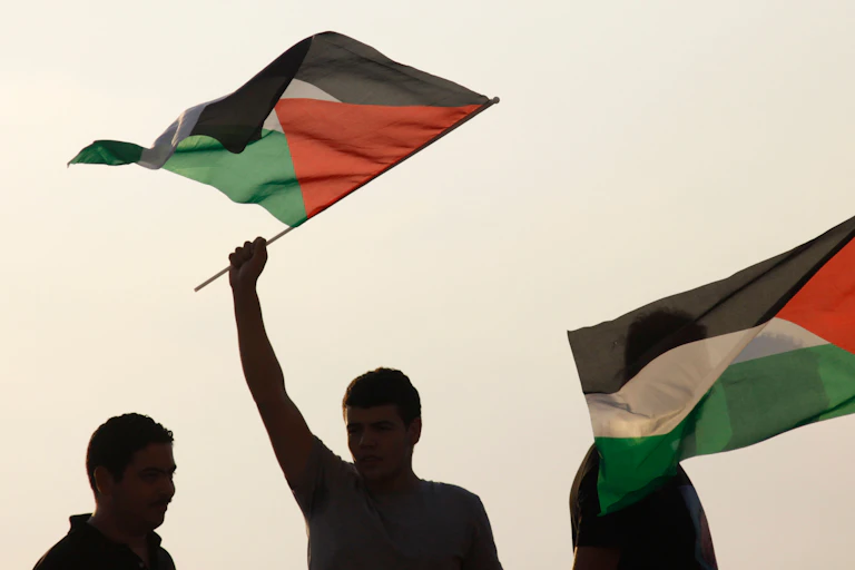 Silhouetted figures wave Palestinian flags